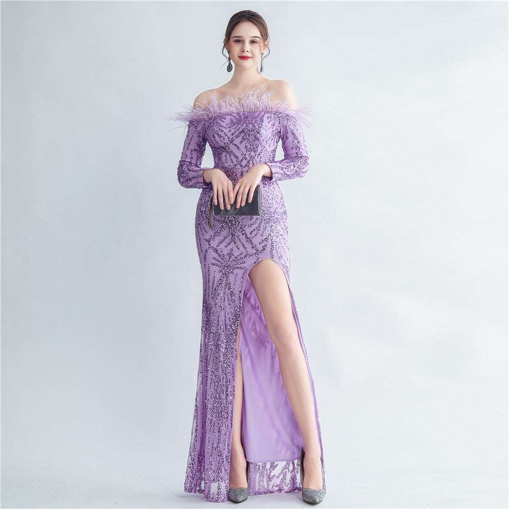 High-density Ostrich Feather Sequins Off-shoulder Long Sleeve Fishtail High-end Evening Dress purple