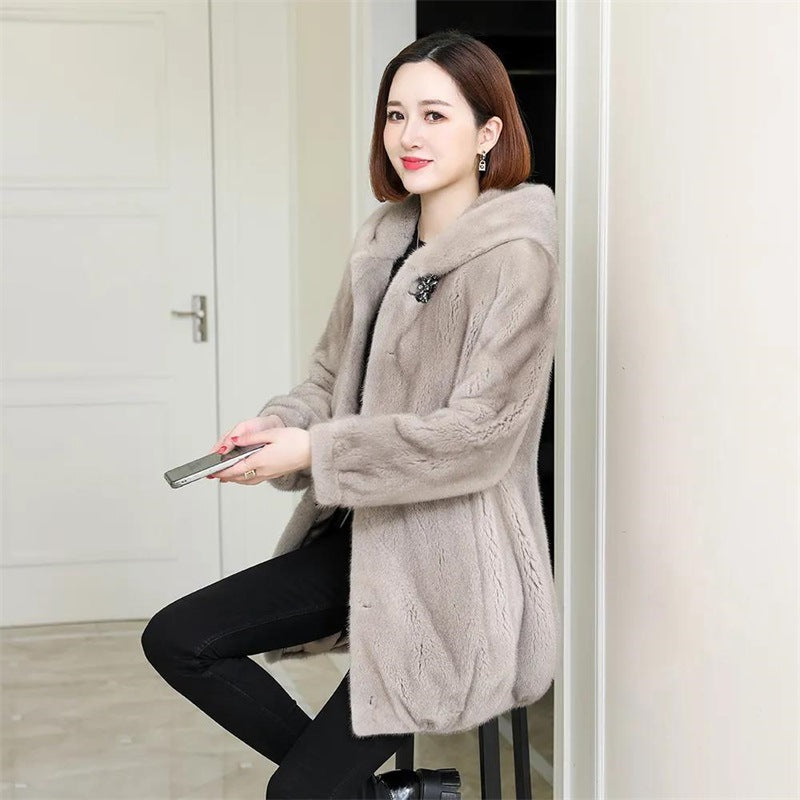 Ladies Winter Mink OL Commuting Work Informal Coat Fur Coat Dark Grey