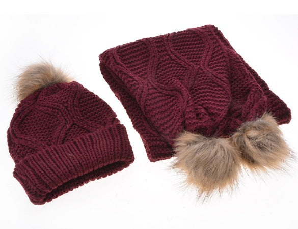 Wool Scarf & Wool hat set solid color Wine red