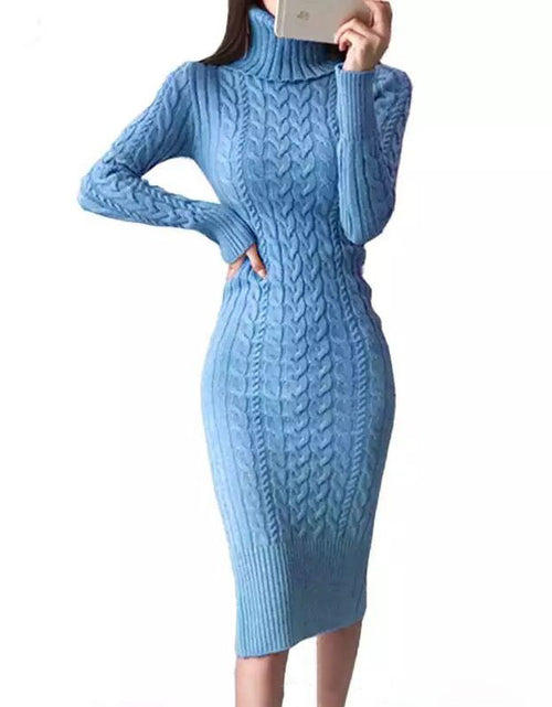 Load image into Gallery viewer, Slim-fit Plain Color Sweet Style Mid-length Bag Hip Bottoming Skirt Slim-fit Knit Dress Blue
