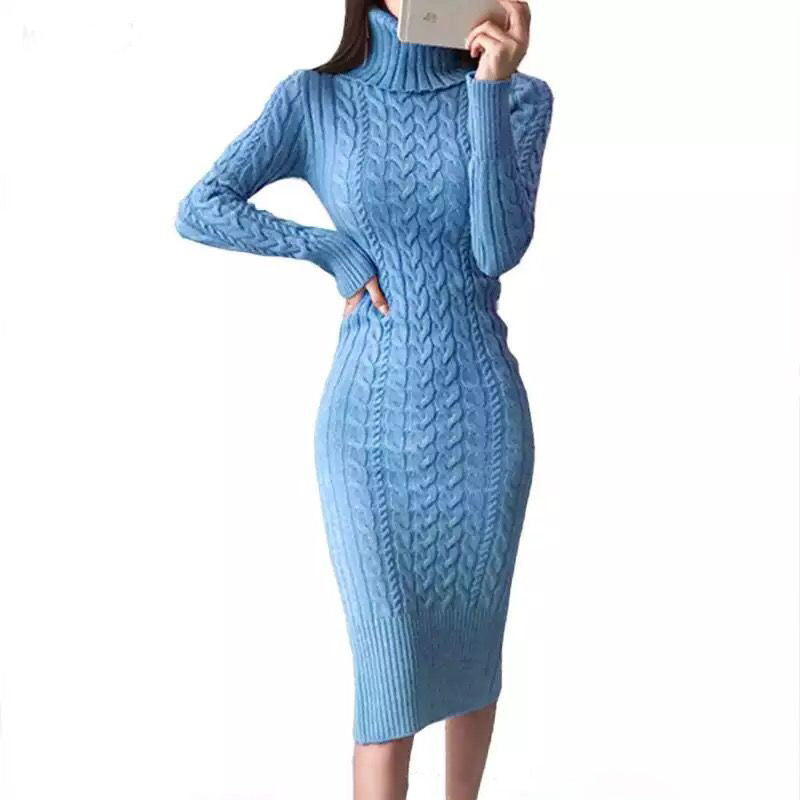 Slim-fit Plain Color Sweet Style Mid-length Bag Hip Bottoming Skirt Slim-fit Knit Dress Blue