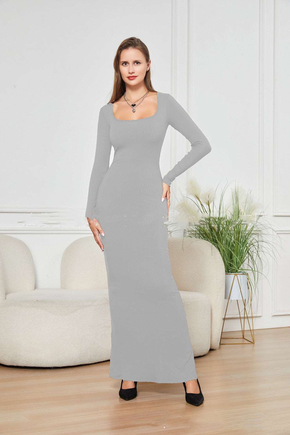 Two-in-one With Lining Double-layer Belly Contracting Hip Lifting Long Sleeve Narrow Dress Gray