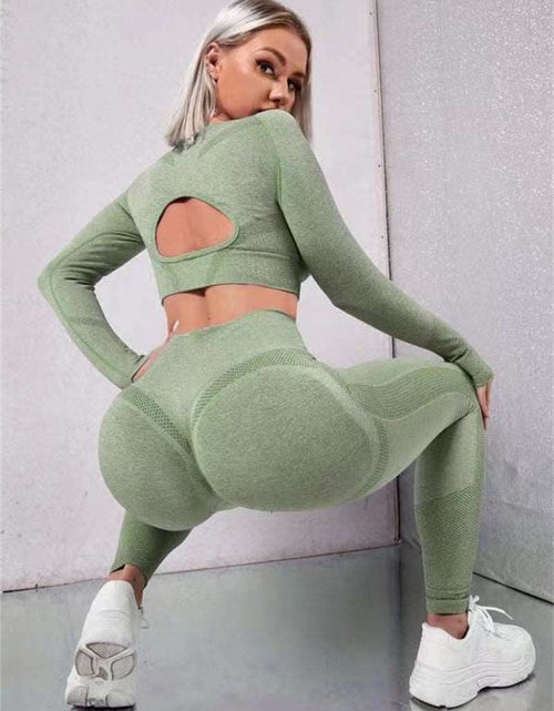 Load image into Gallery viewer, Elevate Your Workout: 2pcs Sports Suits with Long Sleeve Hollow Design Tops and Butt Lifting High Waist Seamless Fitness Leggings - Stylish Gym Sportswear Outfits Army Green
