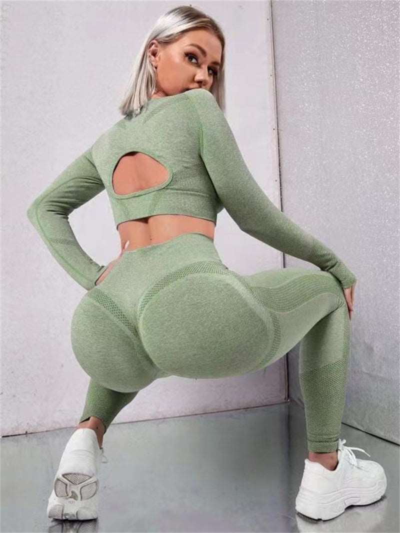 Elevate Your Workout: 2pcs Sports Suits with Long Sleeve Hollow Design Tops and Butt Lifting High Waist Seamless Fitness Leggings - Stylish Gym Sportswear Outfits Army Green