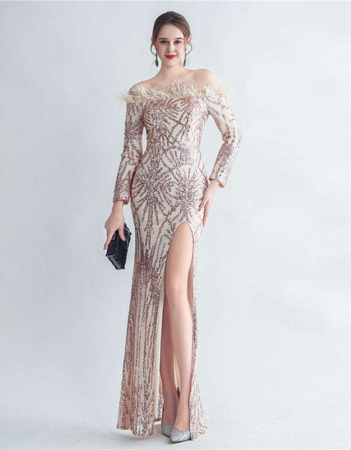 Load image into Gallery viewer, High-density Ostrich Feather Sequins Off-shoulder Long Sleeve Fishtail High-end Evening Dress golden
