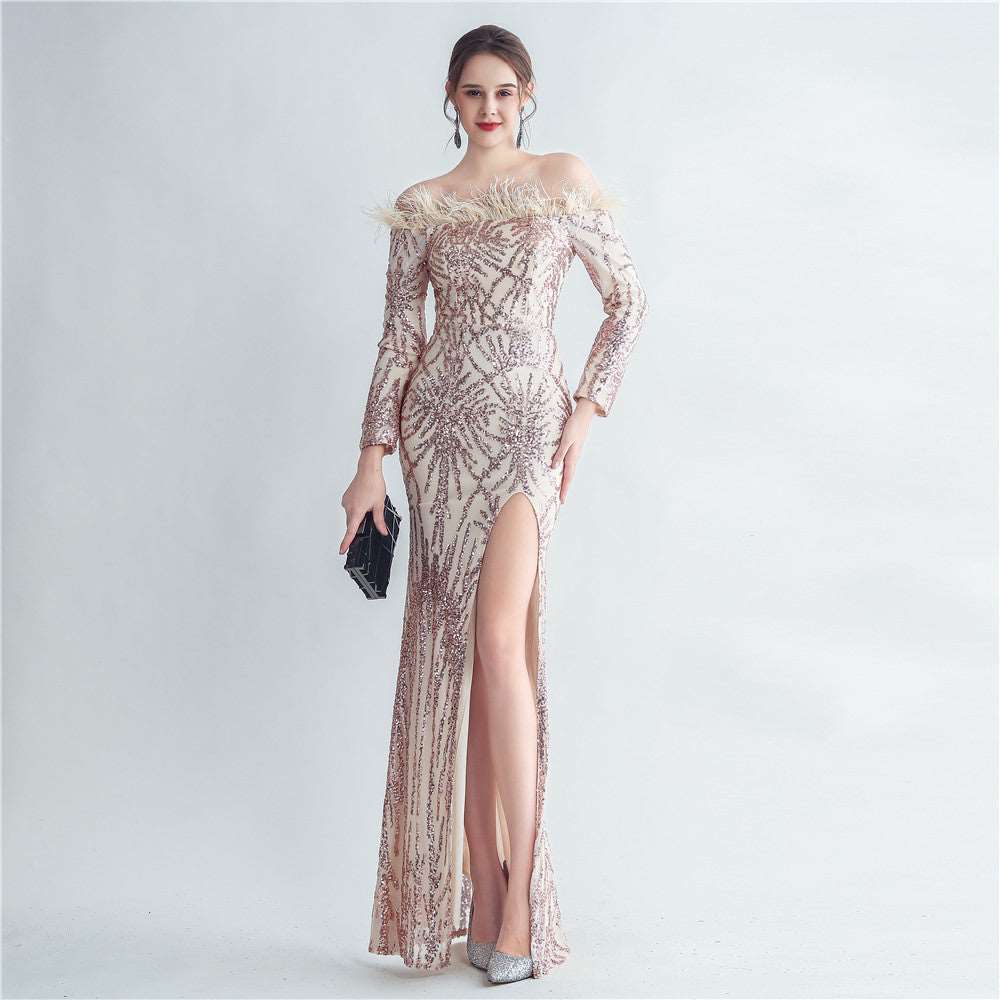 High-density Ostrich Feather Sequins Off-shoulder Long Sleeve Fishtail High-end Evening Dress golden