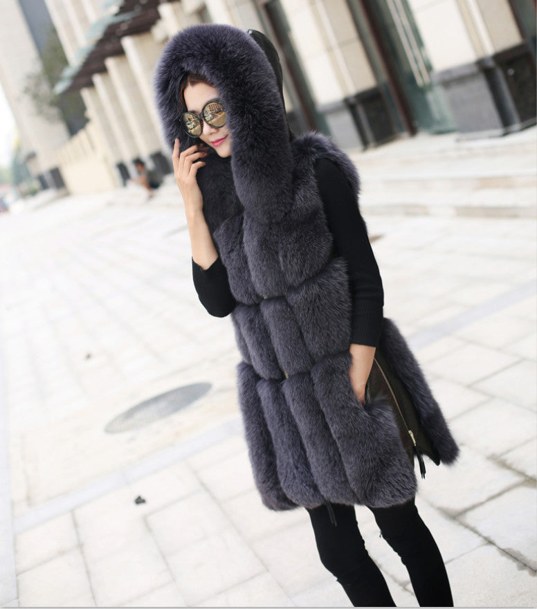 Causal Slim Fit Faux Fox Fur Stitching Mid Length Coat Grey