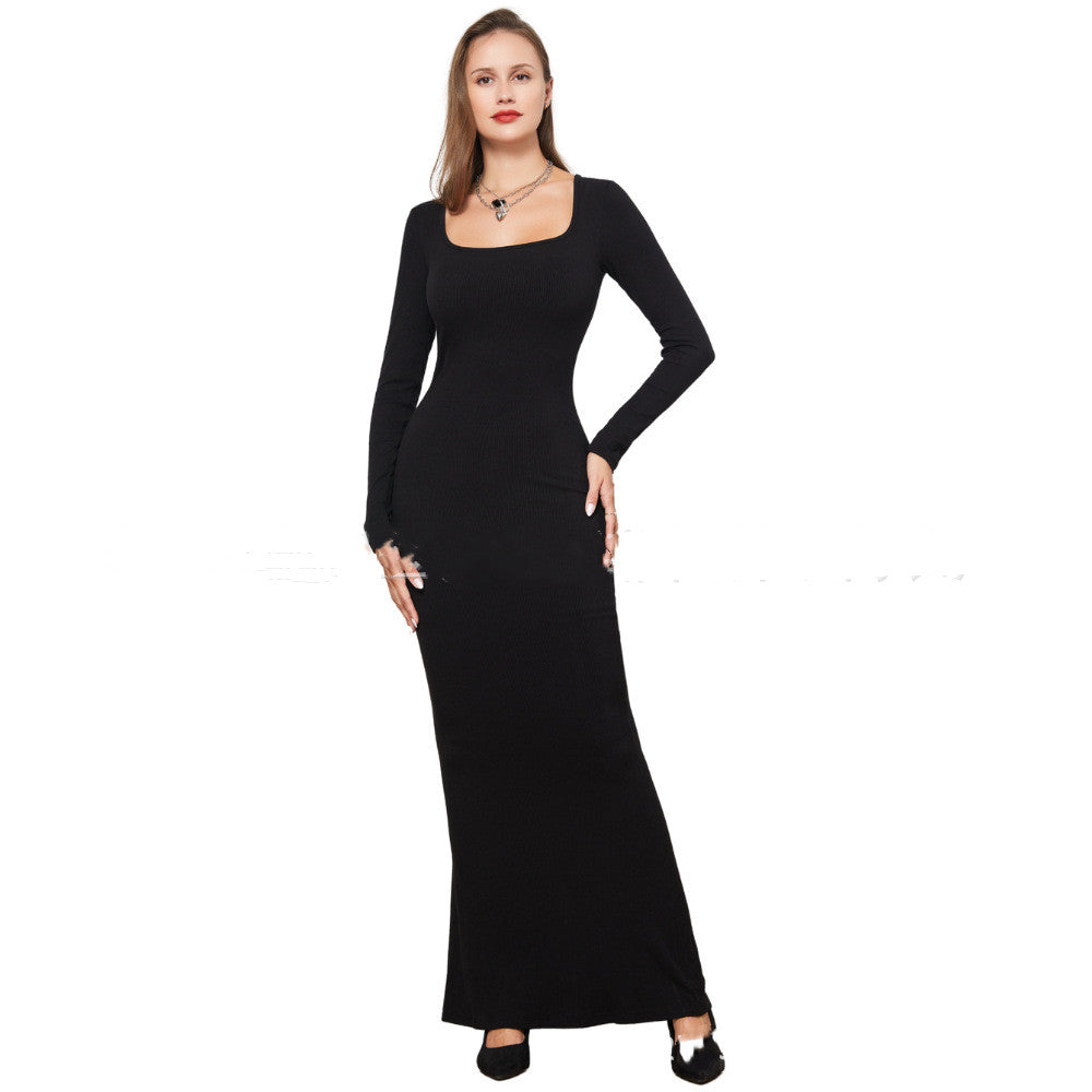 Two-in-one With Lining Double-layer Belly Contracting Hip Lifting Long Sleeve Narrow Dress Black