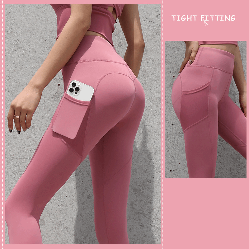 Enhance Your Workout: Seamless Leggings with Pockets, Push-Up High Waist - Women's Fitness Running Yoga Pants for Gym Sports Bean Paste Powder