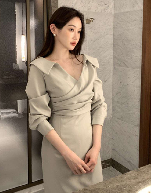 Load image into Gallery viewer, A-Line Solid Color One Size Mid Waist Long Sleeve Short Skirt Slimming Puff Sleeve Elegant Young Self-tie Dress Women
