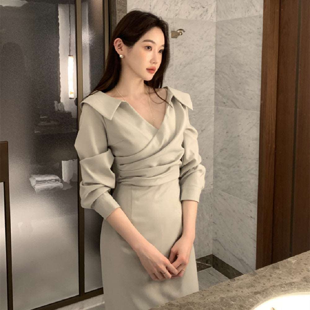 A-Line Solid Color One Size Mid Waist Long Sleeve Short Skirt Slimming Puff Sleeve Elegant Young Self-tie Dress Women