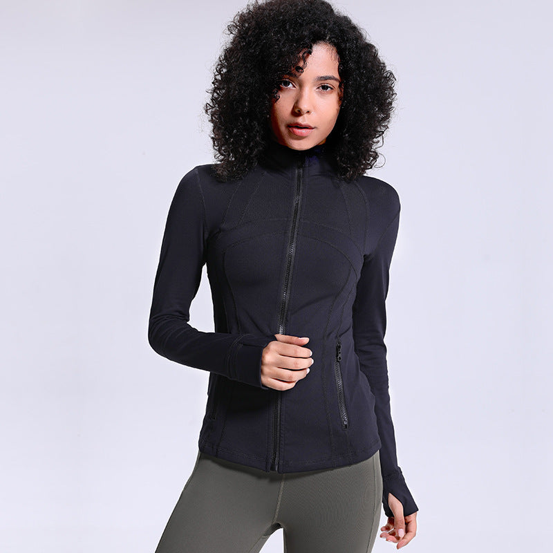 Plain Solid Color Yoga Fitness Exercise Women's Slim-fit Stretch Sports Jacket Black