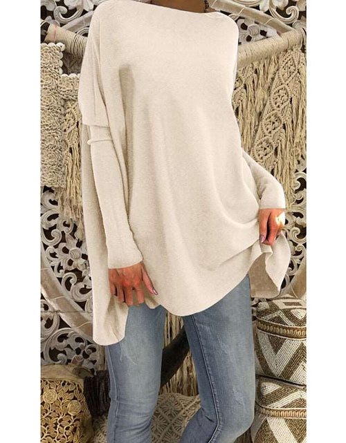 Load image into Gallery viewer, Cozy Chic: Women&#39;s Fluffy Tie Top T-shirt – Street Style Round Neck, Horn Long Sleeve, and Loose Fit in Cotton Comfort Khaki
