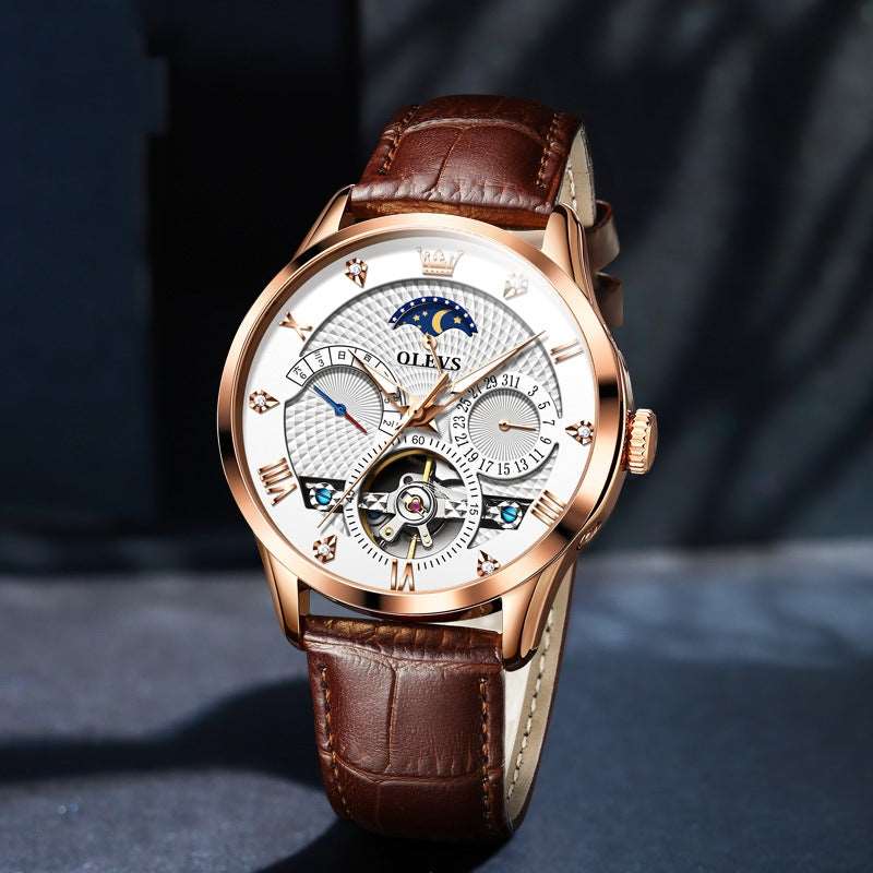 OLEVS Multifunctional Luminous Hollow Flywheel Automatic Mechanical Watch Brown Rose Shell White Surface