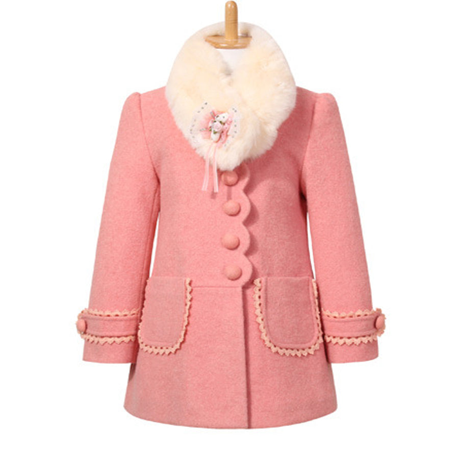 Girl long sleeve formal elegant fur collar coat