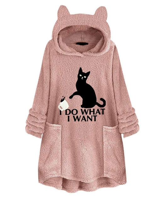 Load image into Gallery viewer, Hooded Pullover Cat Print Long Sleeved Reversible Velvet Brushed Comfortable Hooded Collar Sweater Pink
