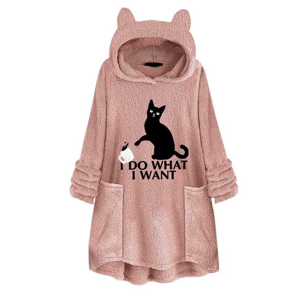 Hooded Pullover Cat Print Long Sleeved Reversible Velvet Brushed Comfortable Hooded Collar Sweater Pink