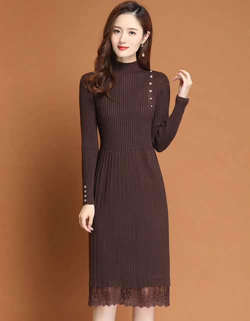 Load image into Gallery viewer, Cotton A-line Long Semi High Neck Lace Bottomed Sweater Skirt One Size Coffee One size
