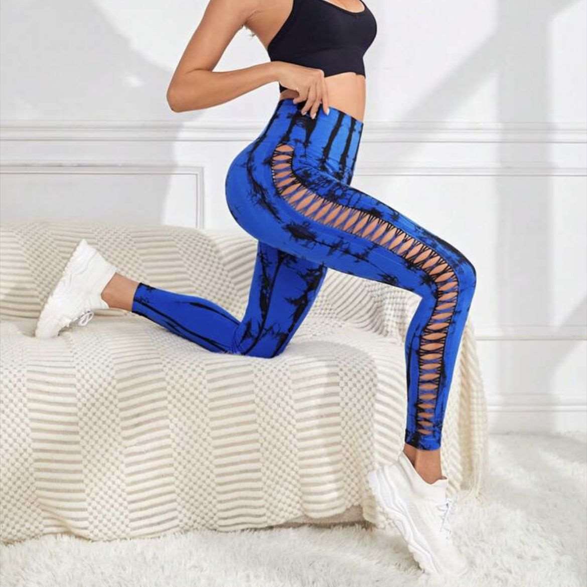 Hollow Tie Dye Printed Yoga Pants - High Waist, Butt Lift, Seamless Sports Leggings for Women - Elevate Your Gym Style! Royal Blue