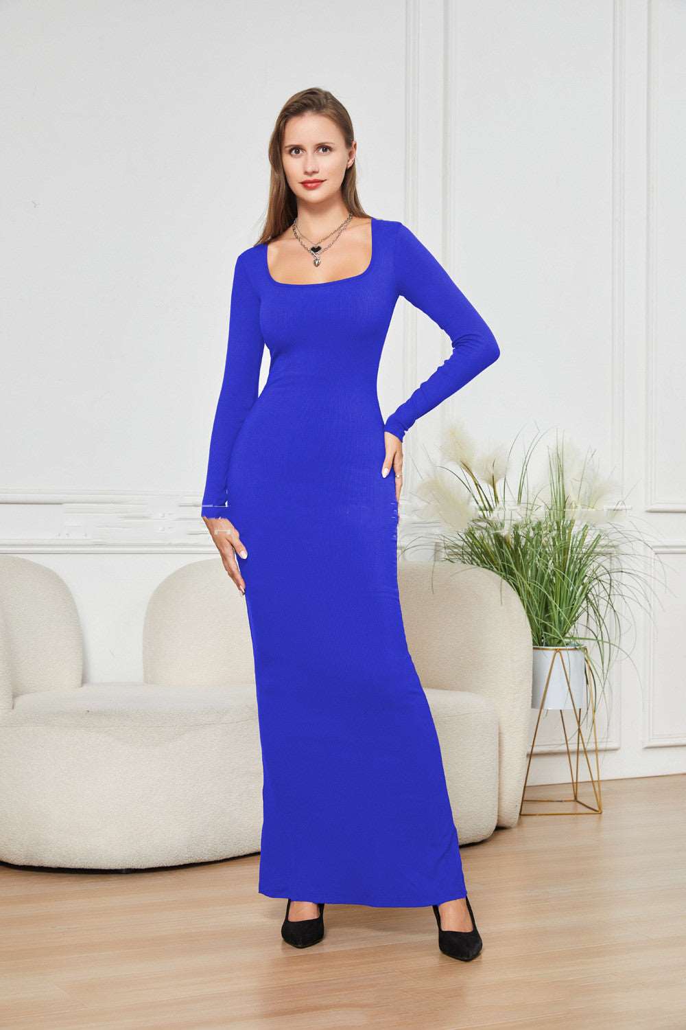 Two-in-one With Lining Double-layer Belly Contracting Hip Lifting Long Sleeve Narrow Dress Blue