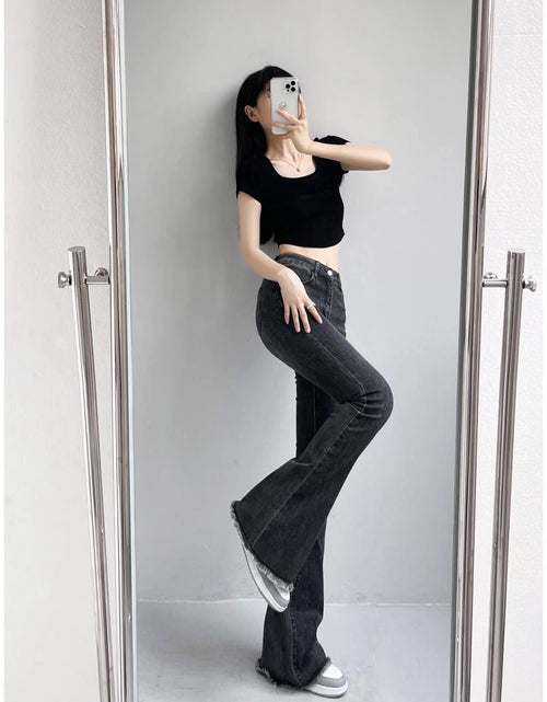 Load image into Gallery viewer, Vintage Chic: Autumn and Winter Fashion Small High Waist Raw Hem Jeans - Retro Distressed Design with Stretchy Wide-Leg Slim Flare for Effortlessly Stylish Looks Black Gray Lengthened
