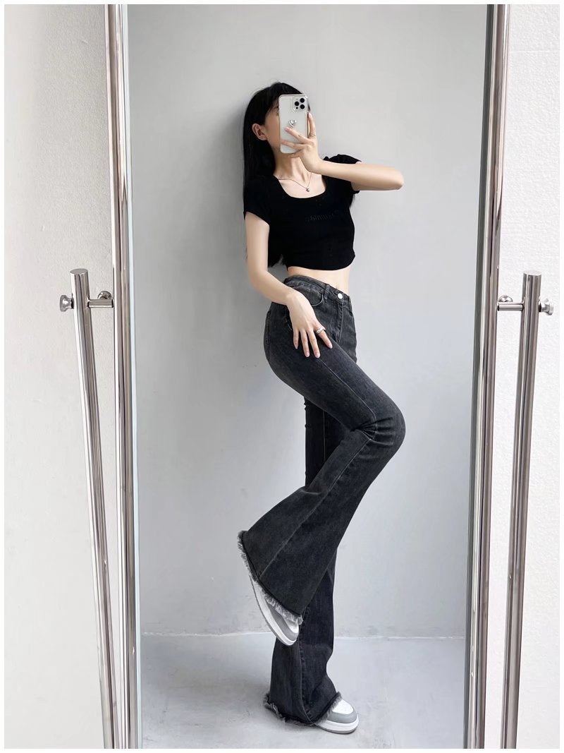 Vintage Chic: Autumn and Winter Fashion Small High Waist Raw Hem Jeans - Retro Distressed Design with Stretchy Wide-Leg Slim Flare for Effortlessly Stylish Looks Black Gray Lengthened