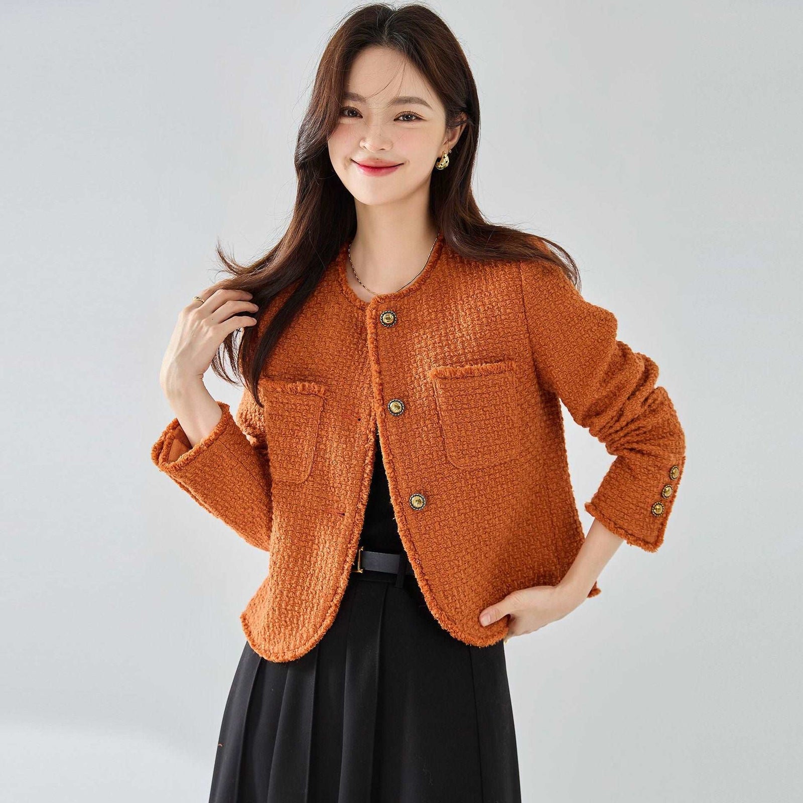 Elegant Tweed Fringe Classic Wool Classic Style Short Coat For Women Orange