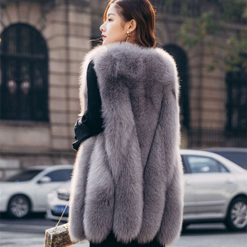 Elegant Fashion Stylish Faux Fur Vest Women's Mid-length Vest Coat Gray