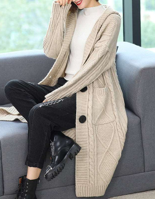 Load image into Gallery viewer, Coat Long Fashion Temperament Coarse Yarn Twist Slim-fit Knitted Cardigan Beige Free Size
