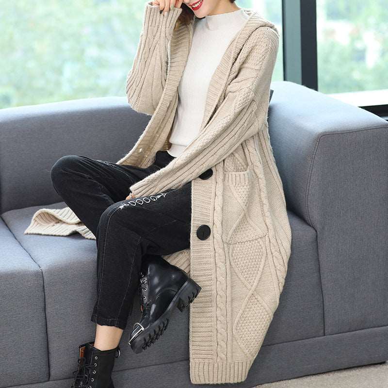 Coat Long Fashion Temperament Coarse Yarn Twist Slim-fit Knitted Cardigan Beige Free Size