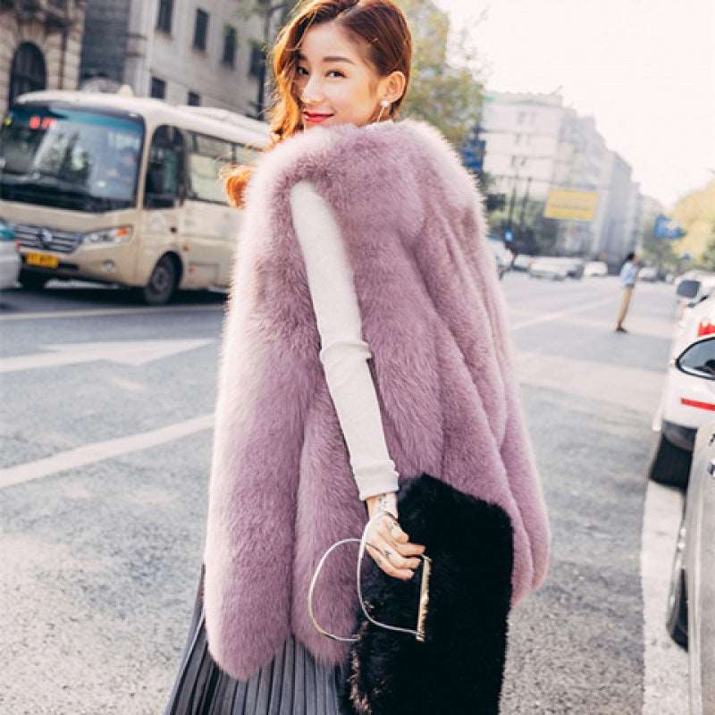 Elegant Fashion Stylish Faux Fur Vest Women's Mid-length Vest Coat Bean Pink