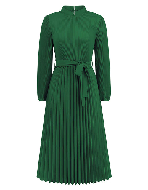 Load image into Gallery viewer, Ice Silk Anti-wrinkle Temperament Commute Style Elastic Waist Plain Solid Color Women&#39;s Fashion Graceful Stand Collar Puff Sleeve Dress Green
