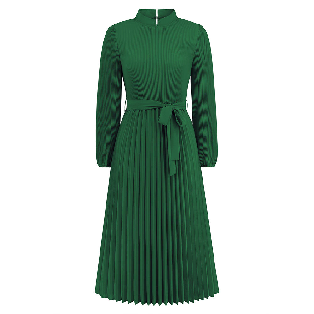 Ice Silk Anti-wrinkle Temperament Commute Style Elastic Waist Plain Solid Color Women's Fashion Graceful Stand Collar Puff Sleeve Dress Green