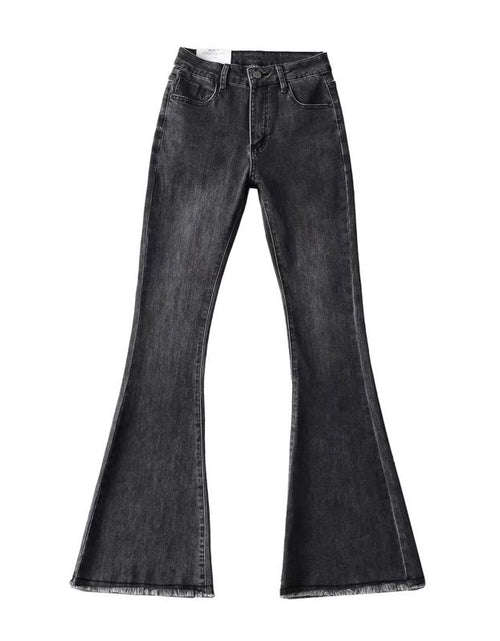 Load image into Gallery viewer, Vintage Chic: Autumn and Winter Fashion Small High Waist Raw Hem Jeans - Retro Distressed Design with Stretchy Wide-Leg Slim Flare for Effortlessly Stylish Looks Regular Black Gray
