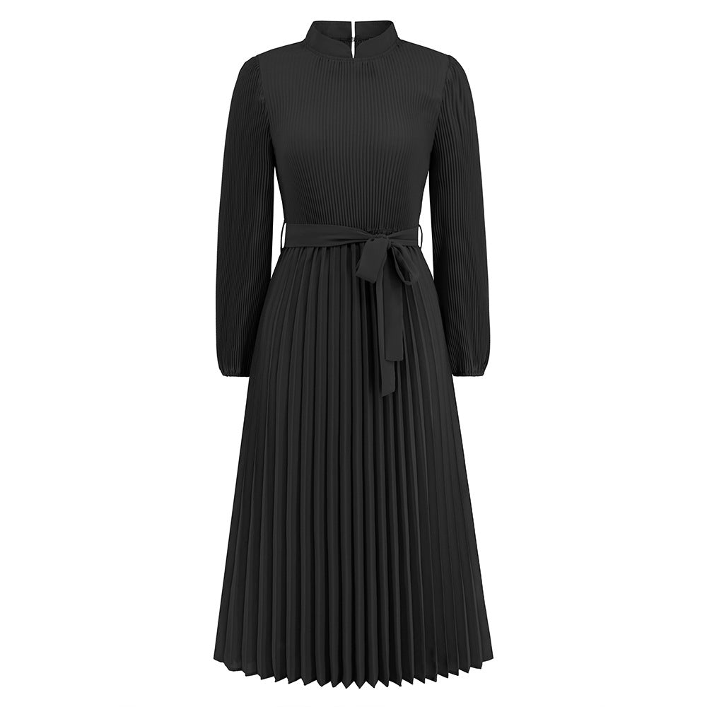 Ice Silk Anti-wrinkle Temperament Commute Style Elastic Waist Plain Solid Color Women's Fashion Graceful Stand Collar Puff Sleeve Dress Black