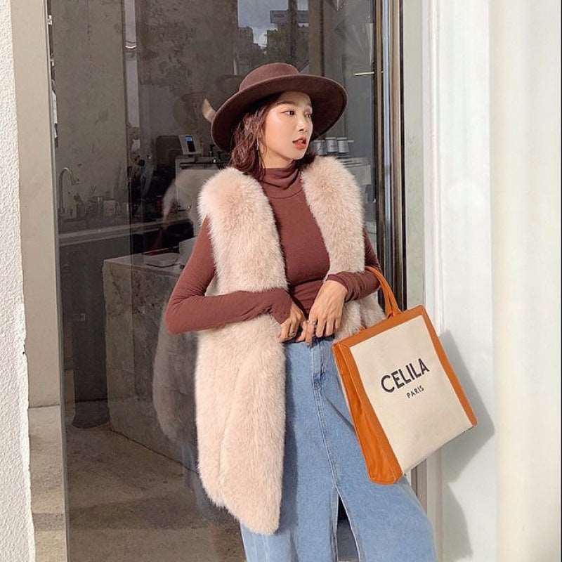 Elegant Fashion Stylish Faux Fur Vest Women's Mid-length Vest Coat M Apricot