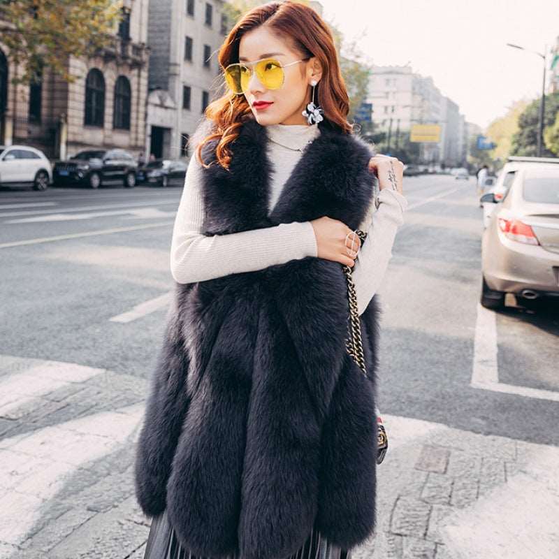 Elegant Fashion Stylish Faux Fur Vest Women's Mid-length Vest Coat Dark Blue