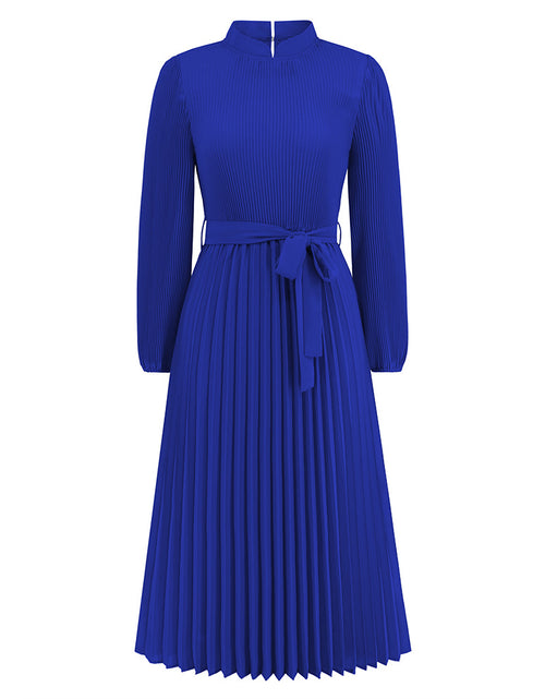 Load image into Gallery viewer, Ice Silk Anti-wrinkle Temperament Commute Style Elastic Waist Plain Solid Color Women&#39;s Fashion Graceful Stand Collar Puff Sleeve Dress Blue
