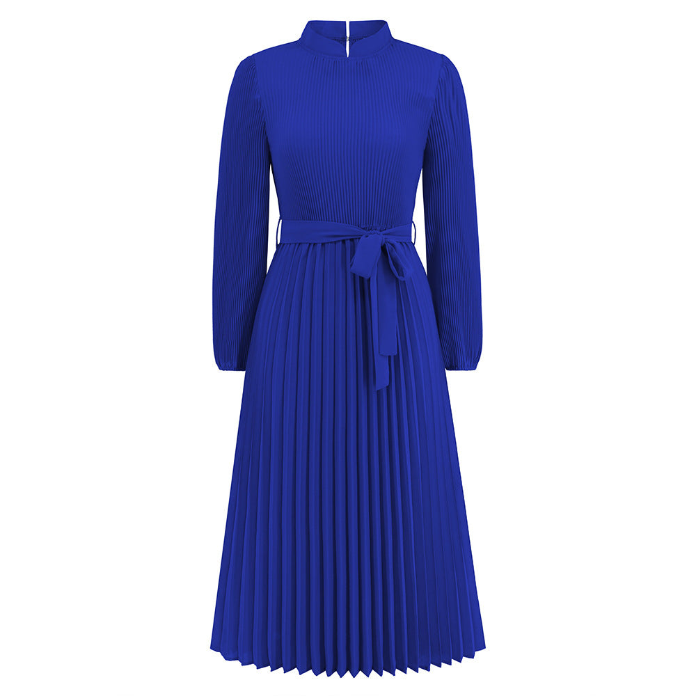 Ice Silk Anti-wrinkle Temperament Commute Style Elastic Waist Plain Solid Color Women's Fashion Graceful Stand Collar Puff Sleeve Dress Blue