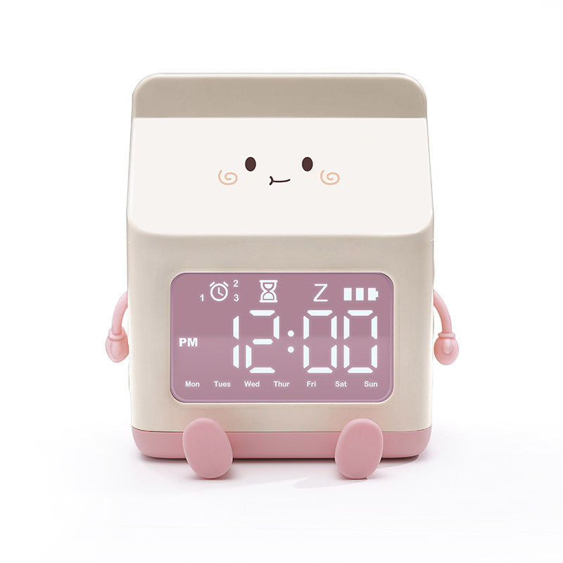 Smart Student Only Charging Cartoon Milk Carton Alarm Clock Pink