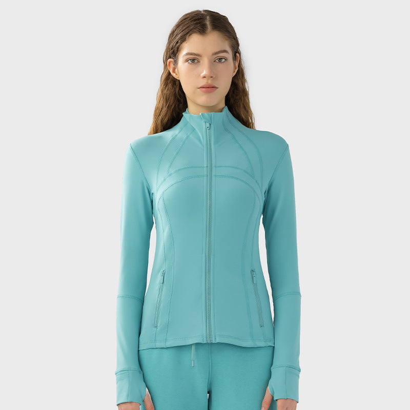 Plain Solid Color Yoga Fitness Exercise Women's Slim-fit Stretch Sports Jacket Trendy Cyan New Color