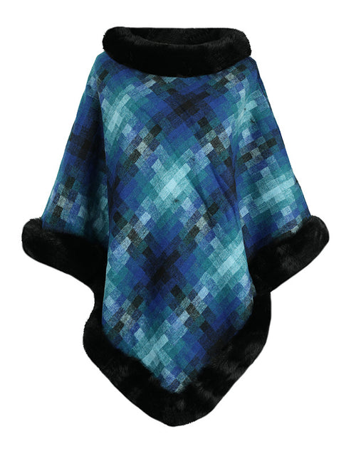 Load image into Gallery viewer, Cape Colored Plaid Thermal Knitting Shawl Women&#39;s Coat Blue F
