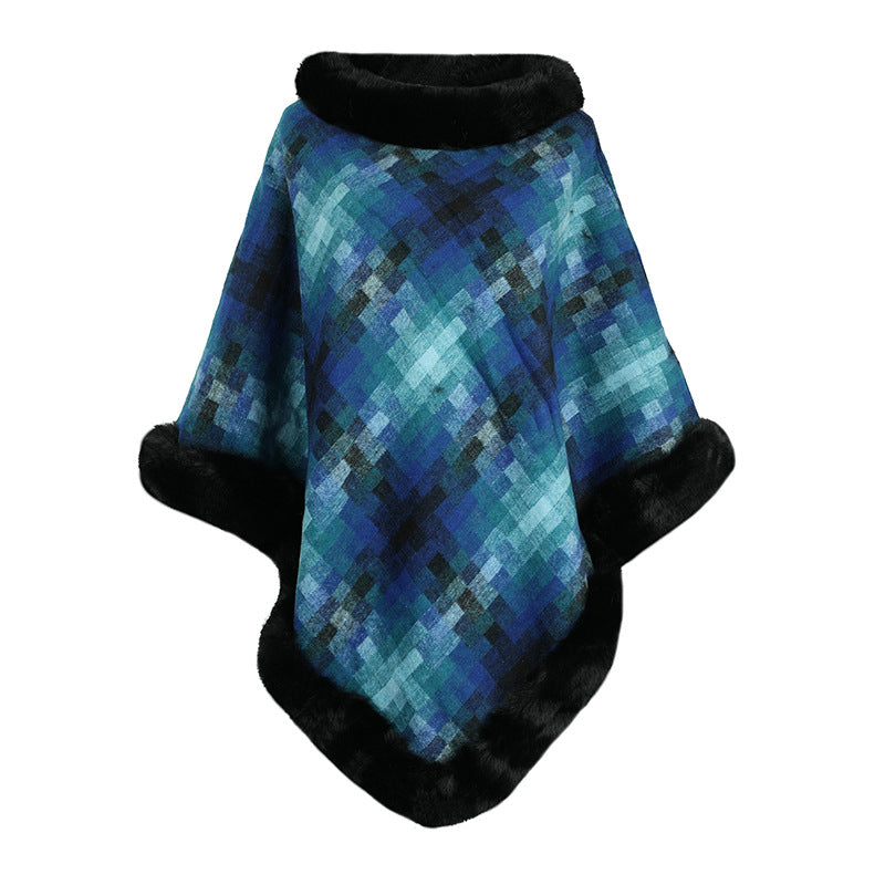 Cape Colored Plaid Thermal Knitting Shawl Women's Coat Blue F