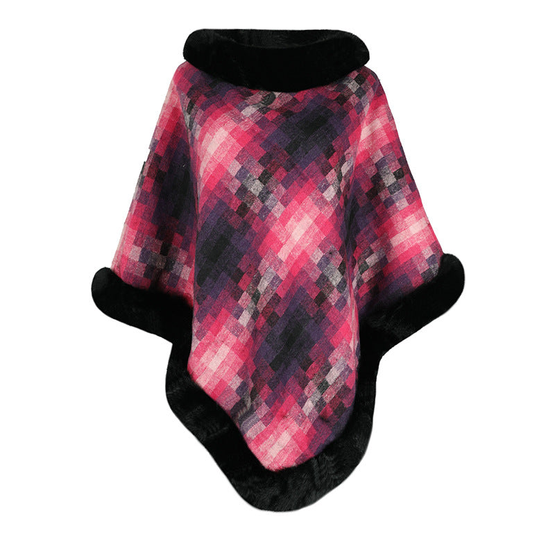 Cape Colored Plaid Thermal Knitting Shawl Women's Coat Rose F