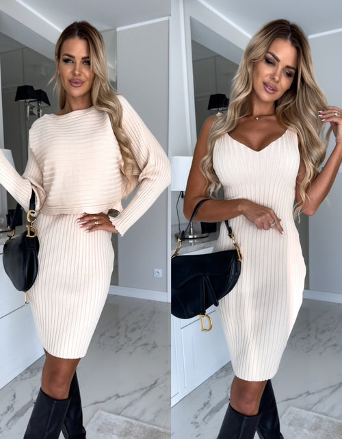 Load image into Gallery viewer, Unique design, stylish and beautiful casual style 2pcs Suit Women&#39;s Solid Stripe Long-sleeved Top And Tight Suspender Mid Length Skirt Fashion Autumn Winter Slim Clothing Beige
