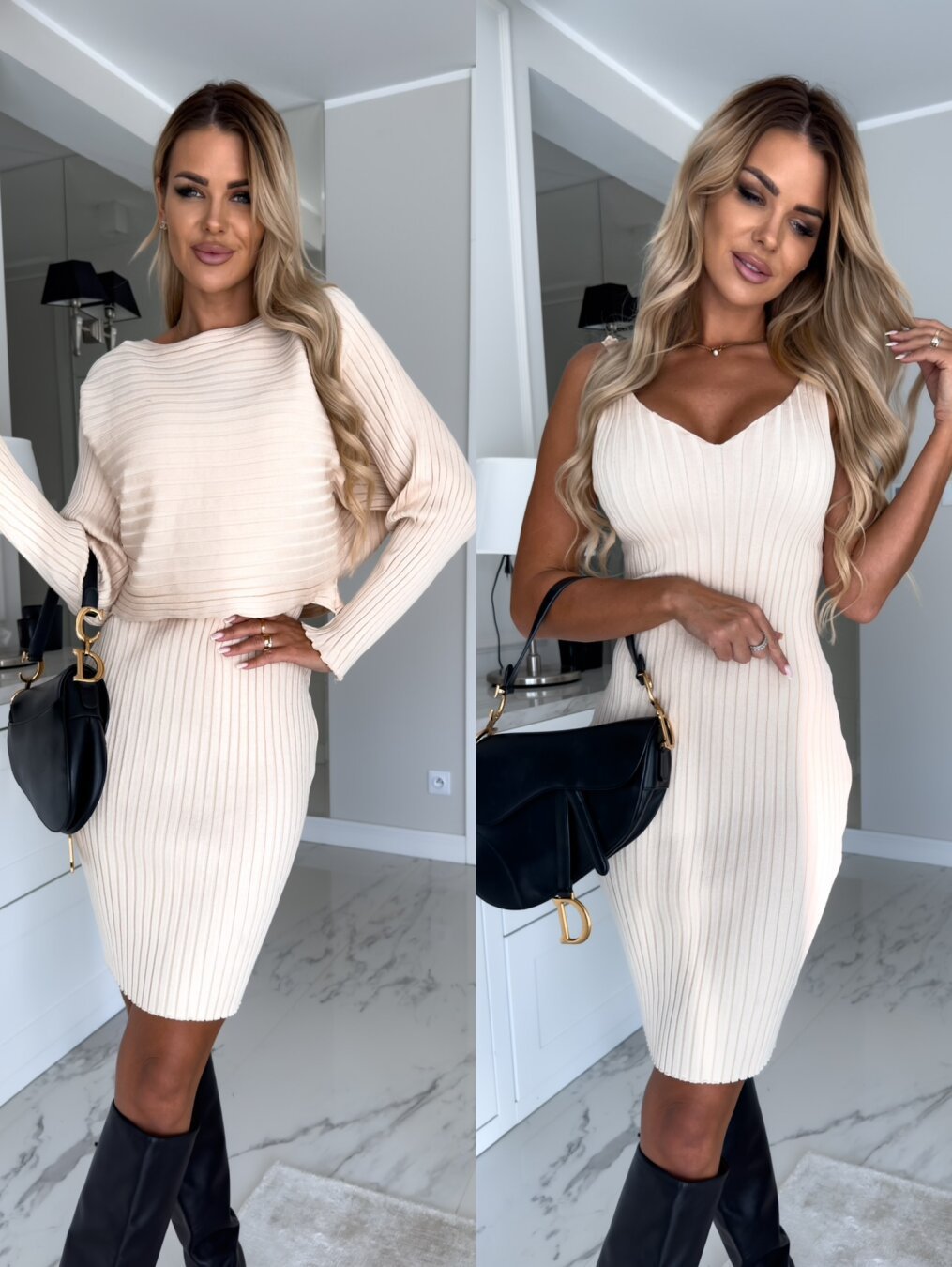 Unique design, stylish and beautiful casual style 2pcs Suit Women's Solid Stripe Long-sleeved Top And Tight Suspender Mid Length Skirt Fashion Autumn Winter Slim Clothing Beige