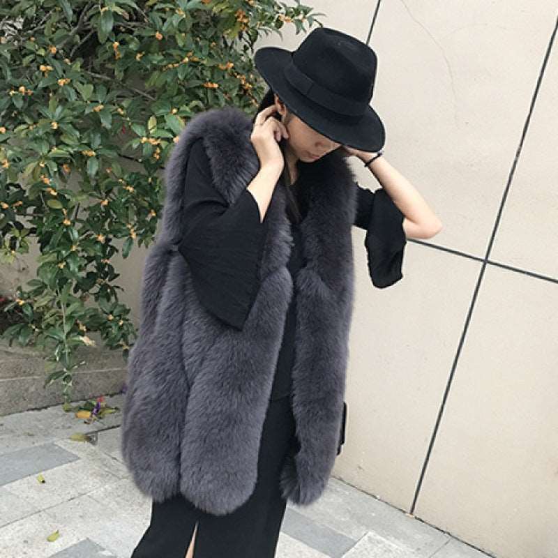 Elegant Fashion Stylish Faux Fur Vest Women's Mid-length Vest Coat Dark Gray