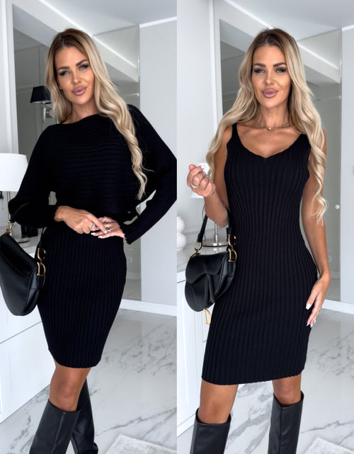 Load image into Gallery viewer, Unique design, stylish and beautiful casual style 2pcs Suit Women&#39;s Solid Stripe Long-sleeved Top And Tight Suspender Mid Length Skirt Fashion Autumn Winter Slim Clothing Black
