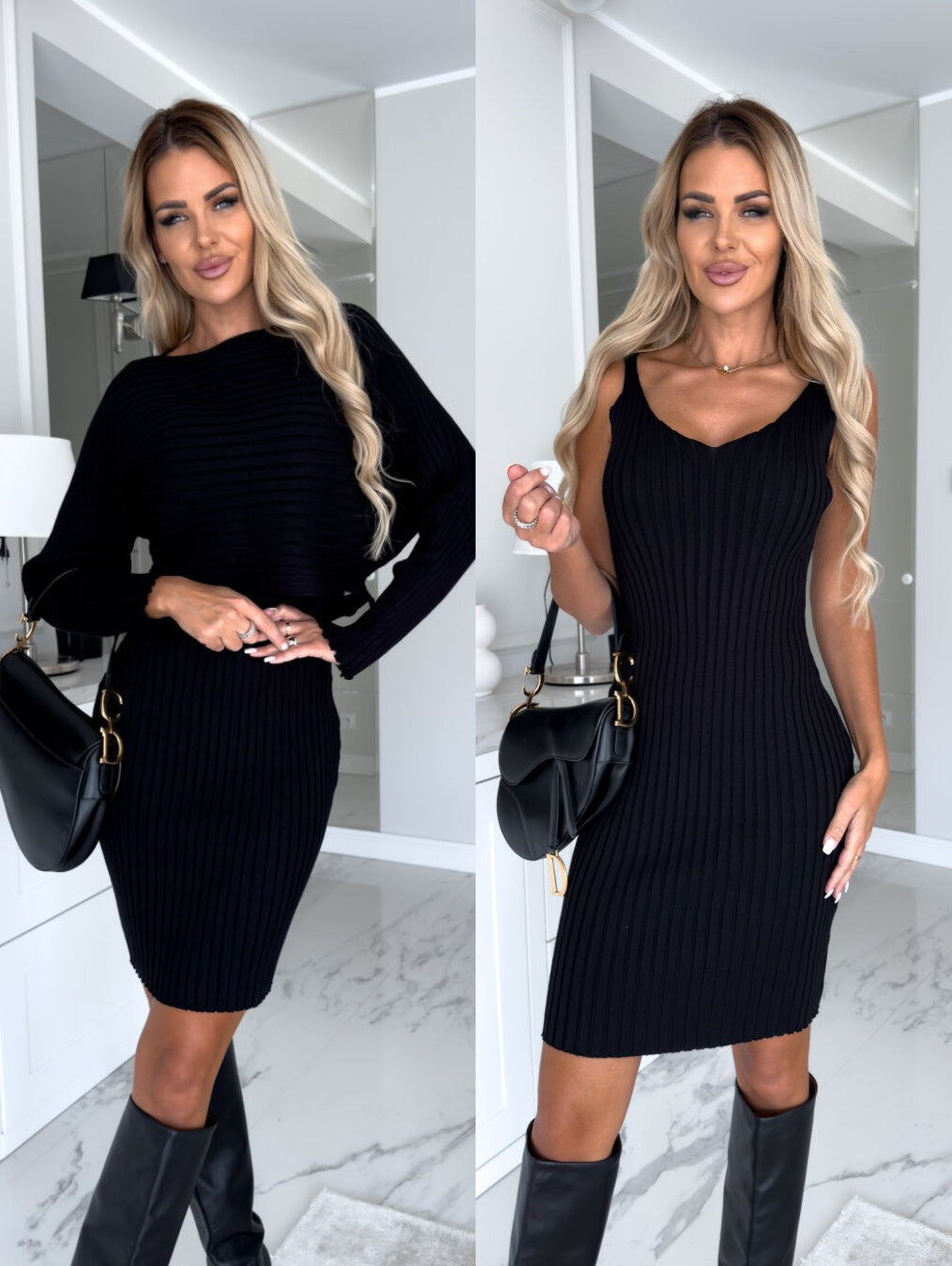 Unique design, stylish and beautiful casual style 2pcs Suit Women's Solid Stripe Long-sleeved Top And Tight Suspender Mid Length Skirt Fashion Autumn Winter Slim Clothing Black