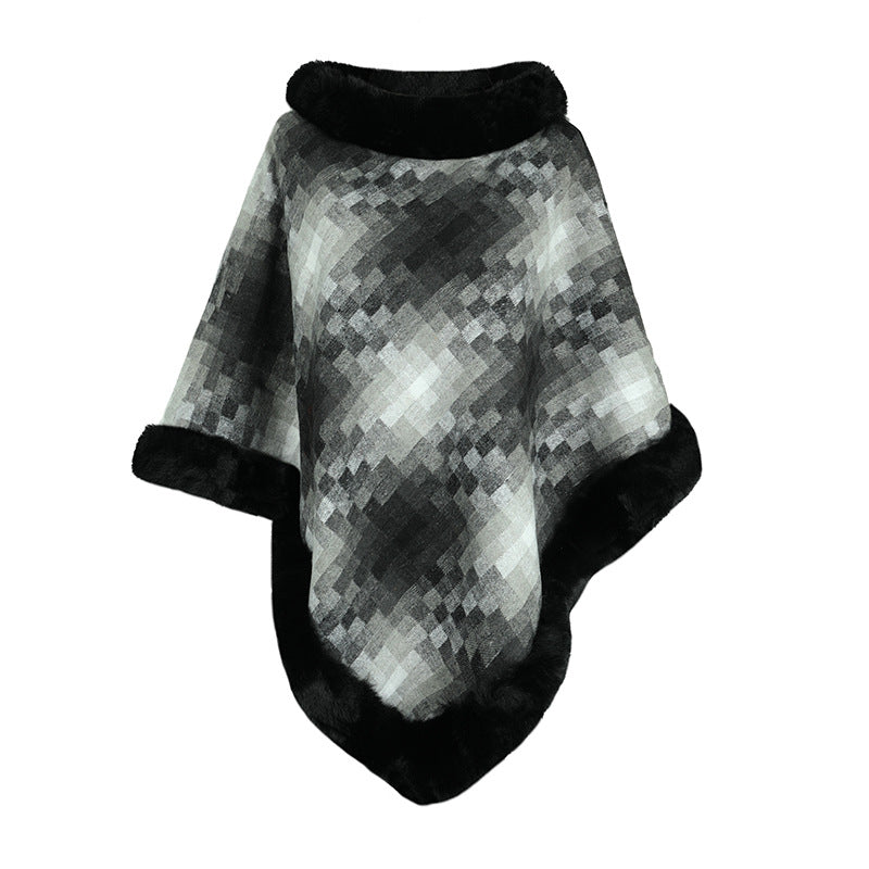 Cape Colored Plaid Thermal Knitting Shawl Women's Coat Gray F